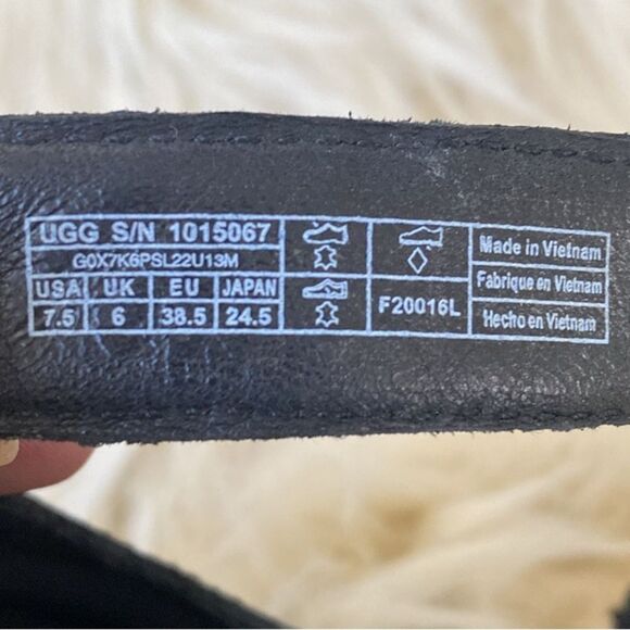 UGG Yasmin Snake Wedged Black Leather Sandals Sz 7.5 Fringes Shoelaces Boho - Picture 9 of 12